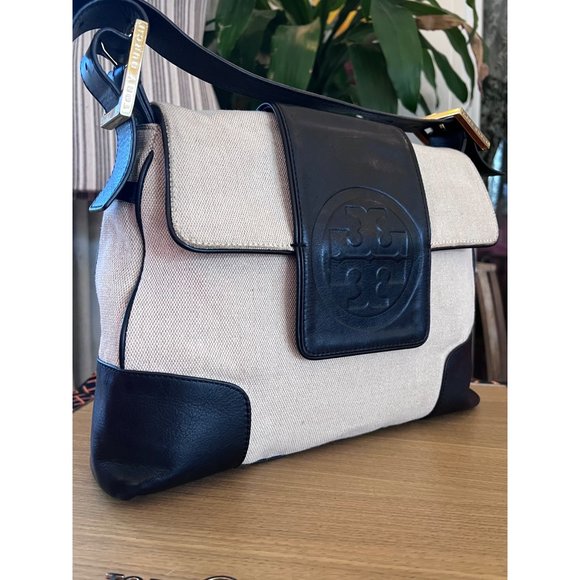 TORY BURCH AUTHENTIC VINTAGE CANVAS AND BLACK (DARK BLUE?) HANDBAG - Picture 9 of 15